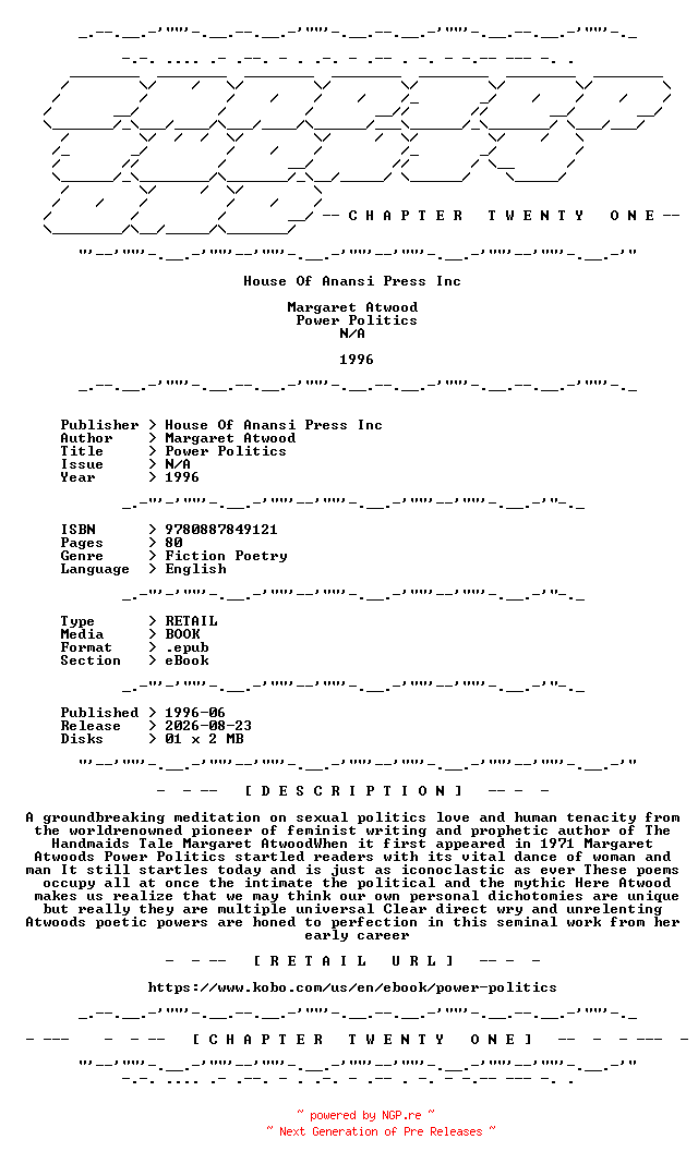 NFO for the release Margaret.Atwood.-.Power.Politics.1996.RETAIL.EPUB.eBook-CTO by CTO