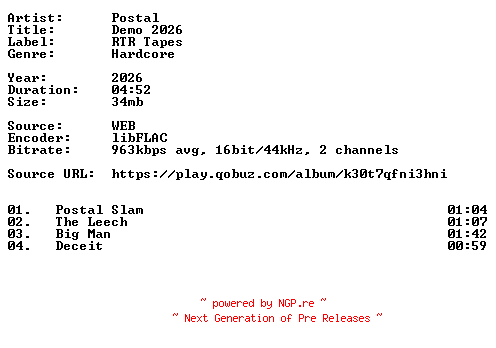 NFO for the release Postal-Demo_2026-16BIT-WEB-FLAC-2026-VEXED by VEXED