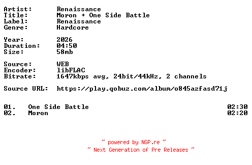 NFO for the release Renaissance-Moron_One_Side_Battle-24BIT-WEB-FLAC-2026-VEXED by VEXED