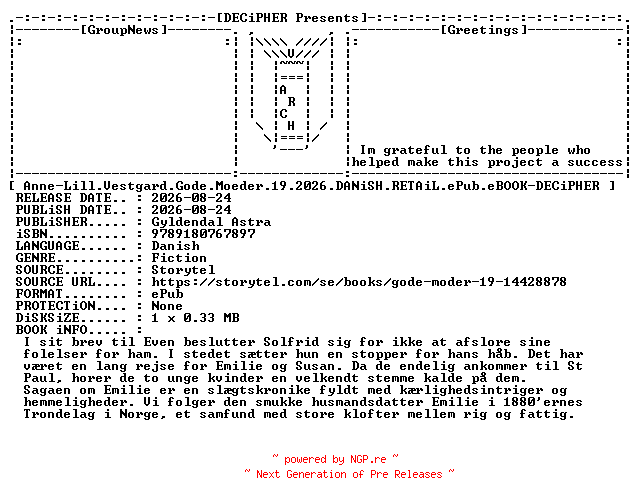 NFO for the release Anne.Lill.Vestgard.Gode.Moeder.19.2026.DANiSH.RETAiL.ePub.eBOOK-DECiPHER by DECiPHER