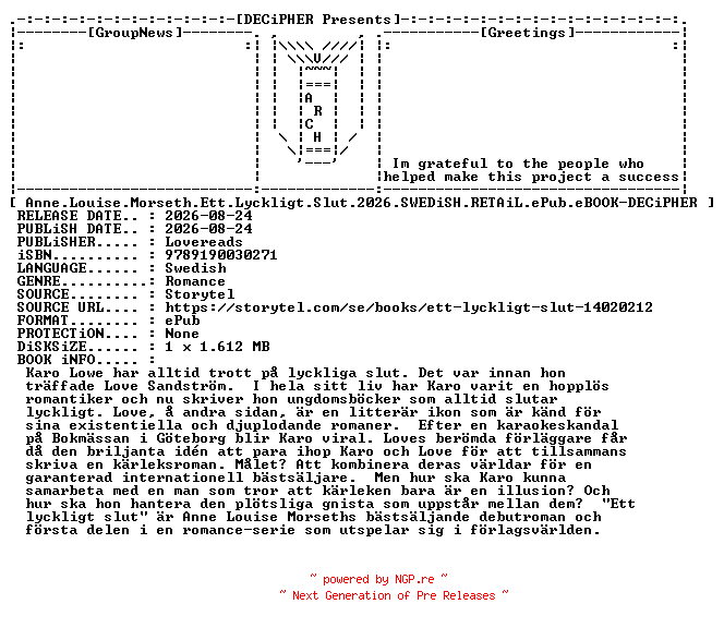 NFO for the release Anne.Louise.Morseth.Ett.Lyckligt.Slut.2026.SWEDiSH.RETAiL.ePub.eBOOK-DECiPHER by DECiPHER