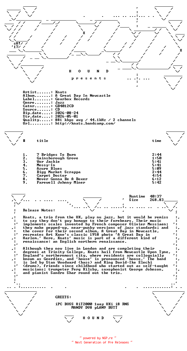 NFO for the release Knats-A_Great_Day_In_Newcastle-(GB4012CD)-CD-FLAC-2026-HOUND by HOUND