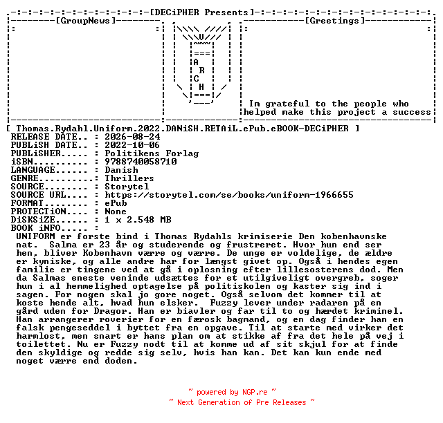 NFO for the release Thomas.Rydahl.Uniform.2022.DANiSH.RETAiL.ePub.eBOOK-DECiPHER by DECiPHER