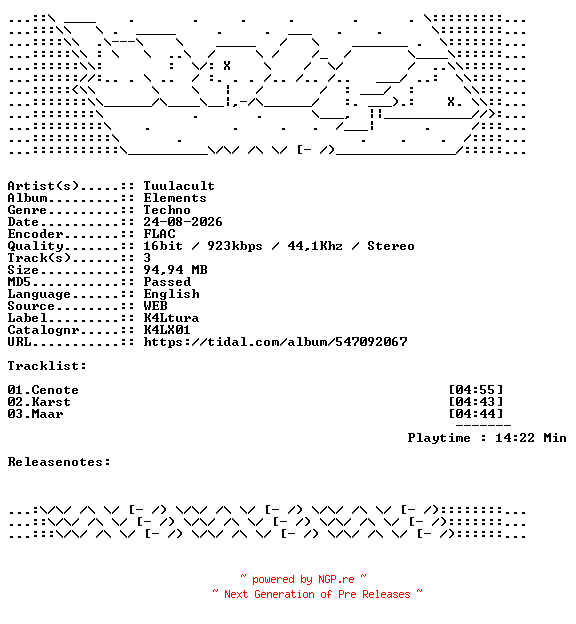 NFO for the release Tuulacult-Elements-K4LX01-16BIT-WEB-FLAC-2026-WAVED by WAVED