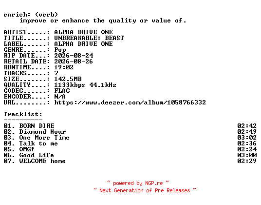 NFO for the release ALPHA_DRIVE_ONE-UNBREAKABLE_BEAST-KR-EP-16BIT-WEB-FLAC-2026-ENRiCH by ENRiCH