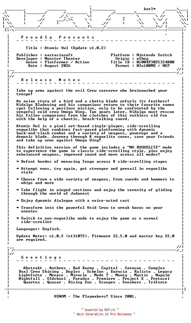 NFO for the release Atomic_Owl_Update_v1.0.2_NSW-VENOM by VENOM