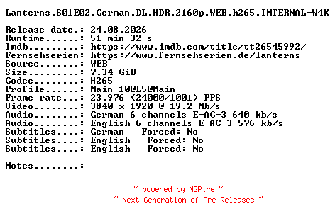 NFO for the release Lanterns.S01E02.German.DL.HDR.2160p.WEB.h265.INTERNAL-W4K by W4K