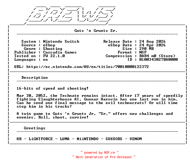 NFO for the release Guts_n_Grunts_Sr_NSW-BREWS by BREWS