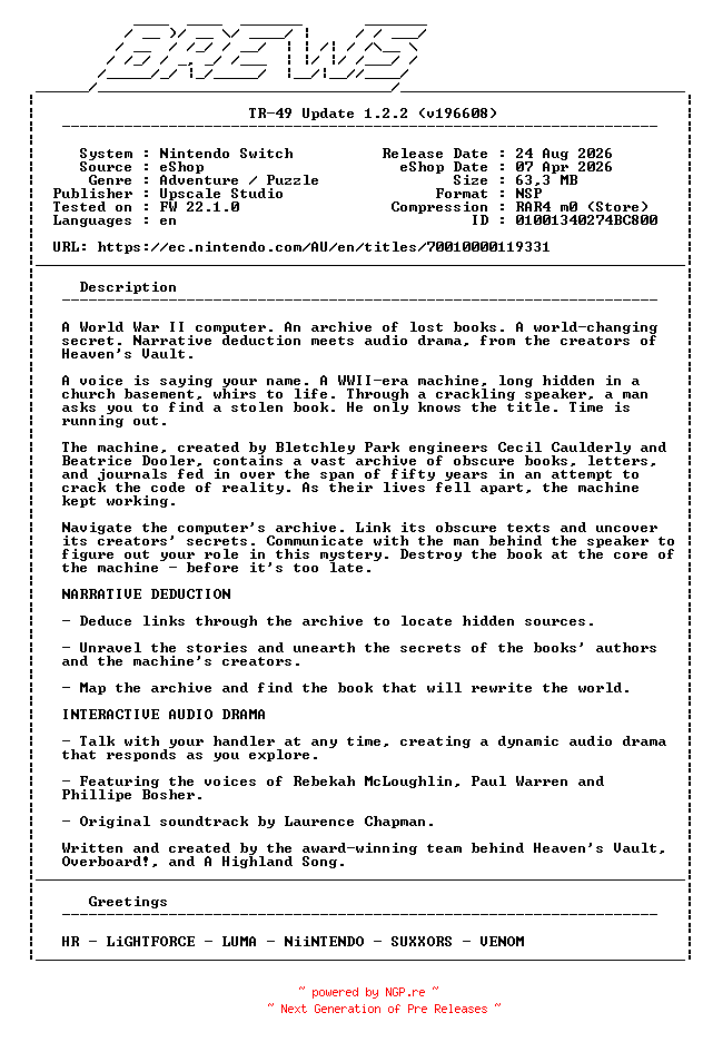 NFO for the release TR-49_Update_v1.2.2_NSW-BREWS by BREWS