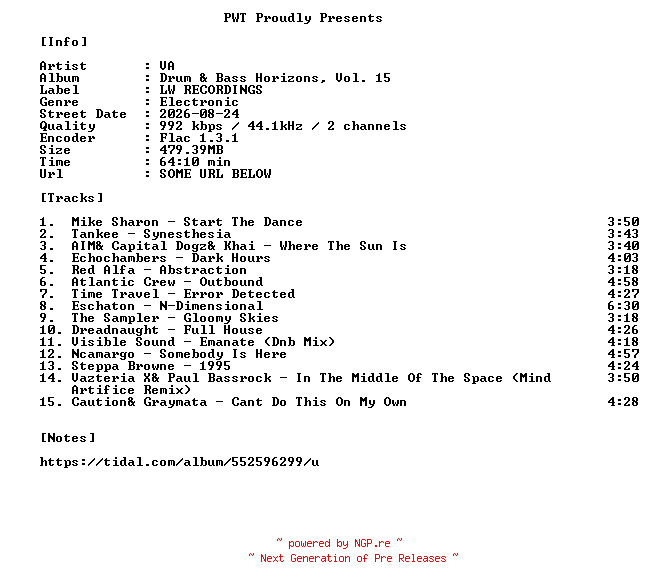 NFO for the release VA-Drum_And_Bass_Horizons_Vol._15-16BIT-WEB-FLAC-2026-PWT by PWT