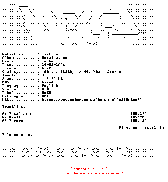 NFO for the release Tiefton-Retaliation-001-16BIT-WEB-FLAC-2026-WAVED by WAVED