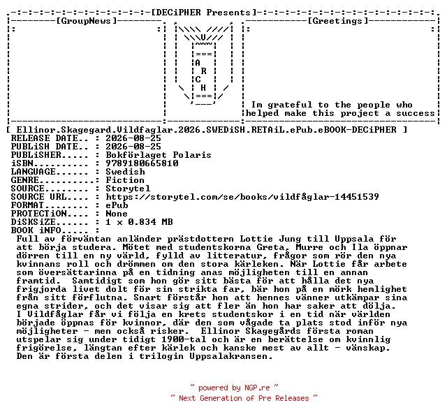 NFO for the release Ellinor.Skagegard.Vildfaglar.2026.SWEDiSH.RETAiL.ePub.eBOOK-DECiPHER by DECiPHER
