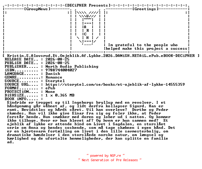 NFO for the release Kristin.S.Alovsrud.Et.Oejeblik.Af.Lykke.2026.DANiSH.RETAiL.ePub.eBOOK-DECiPHER by DECiPHER