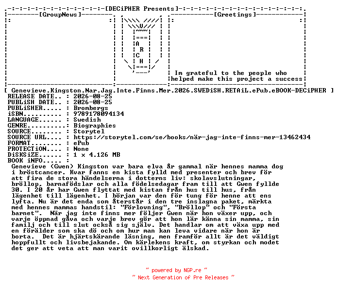 NFO for the release Genevieve.Kingston.Nar.Jag.Inte.Finns.Mer.2026.SWEDiSH.RETAiL.ePub.eBOOK-DECiPHER by DECiPHER