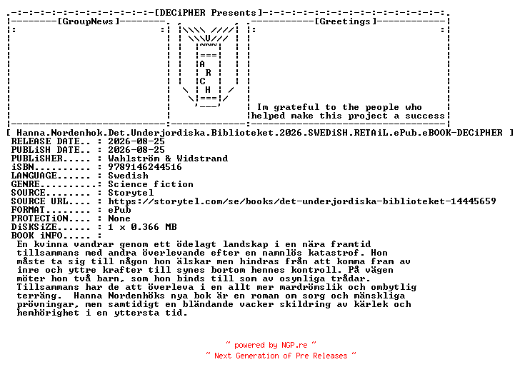 NFO for the release Hanna.Nordenhok.Det.Underjordiska.Biblioteket.2026.SWEDiSH.RETAiL.ePub.eBOOK-DECiPHER by DECiPHER