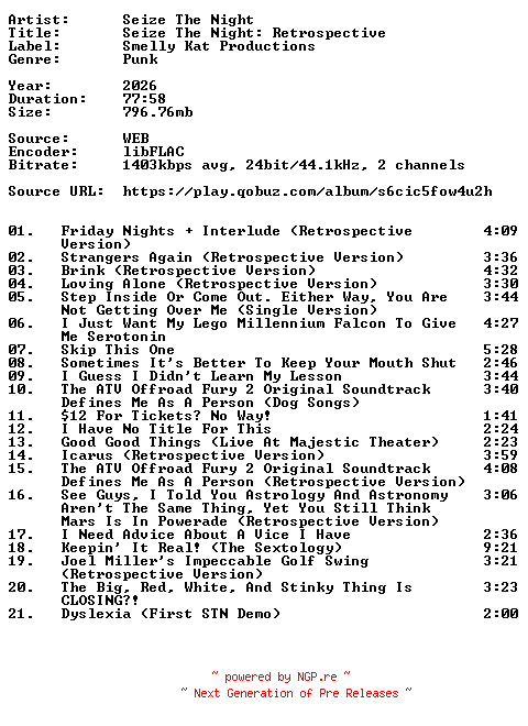 NFO for the release Seize_The_Night-Seize_The_Night_Retrospective-24BIT-WEB-FLAC-2026-VEXED by VEXED