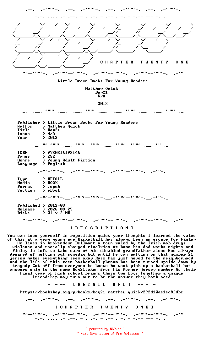 NFO for the release Matthew.Quick.-.Boy21.2012.RETAIL.EPUB.eBook-CTO by CTO