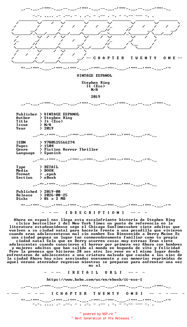 NFO for the release Stephen.King.-.It.Eso.2019.SPANISH.RETAIL.EPUB.eBook-CTO by CTO