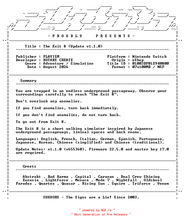 NFO for the release The_Exit_8_Update_v1.1.0_NSW-SUXXORS by SUXXORS