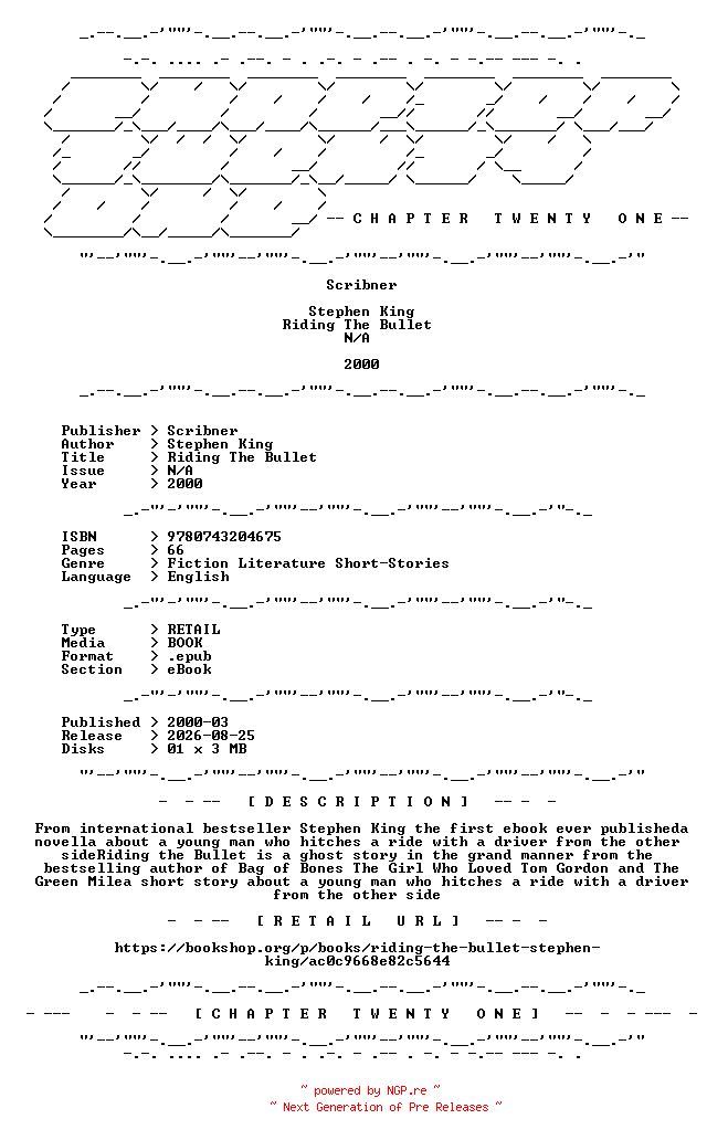 NFO for the release Stephen.King.-.Riding.The.Bullet.2000.RETAIL.EPUB.eBook-CTO by CTO