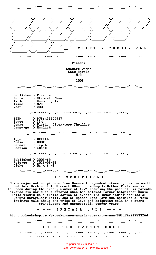 NFO for the release Stewart.ONan.-.Snow.Angels.2003.RETAIL.EPUB.eBook-CTO by CTO