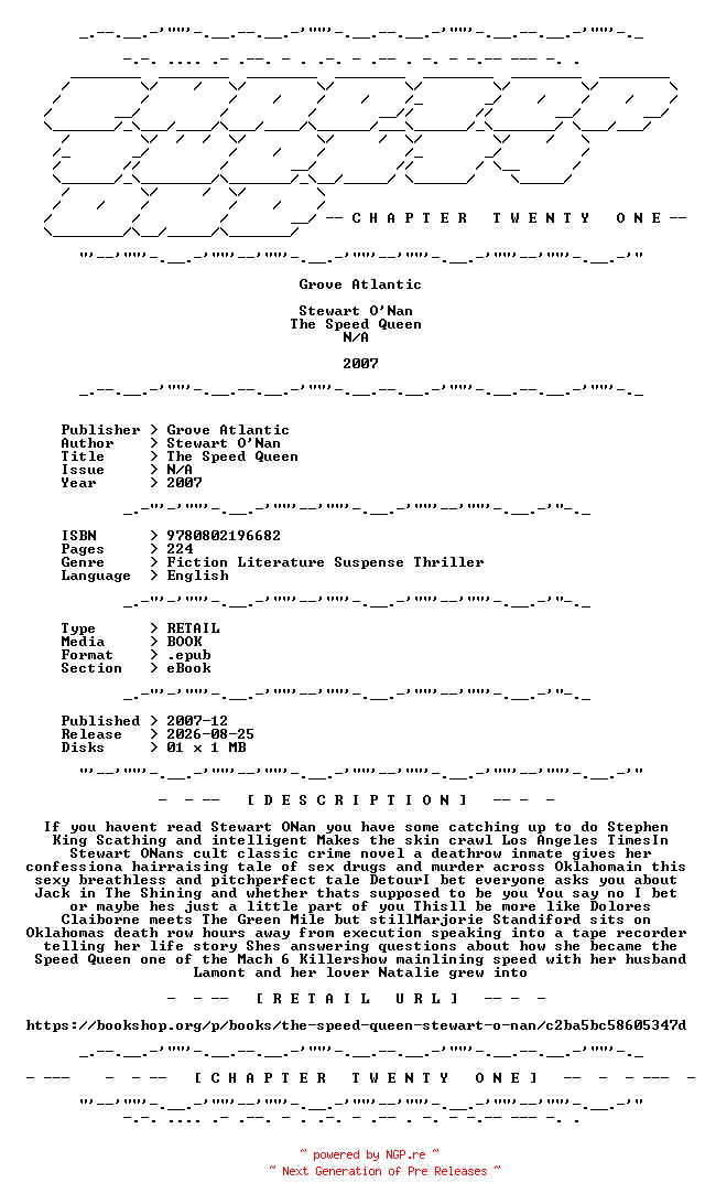 NFO for the release Stewart.ONan.-.The.Speed.Queen.2007.RETAIL.EPUB.eBook-CTO by CTO