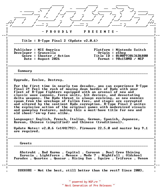 NFO for the release R-Type_Final_2_Update_v2.0.6_NSW-SUXXORS by SUXXORS