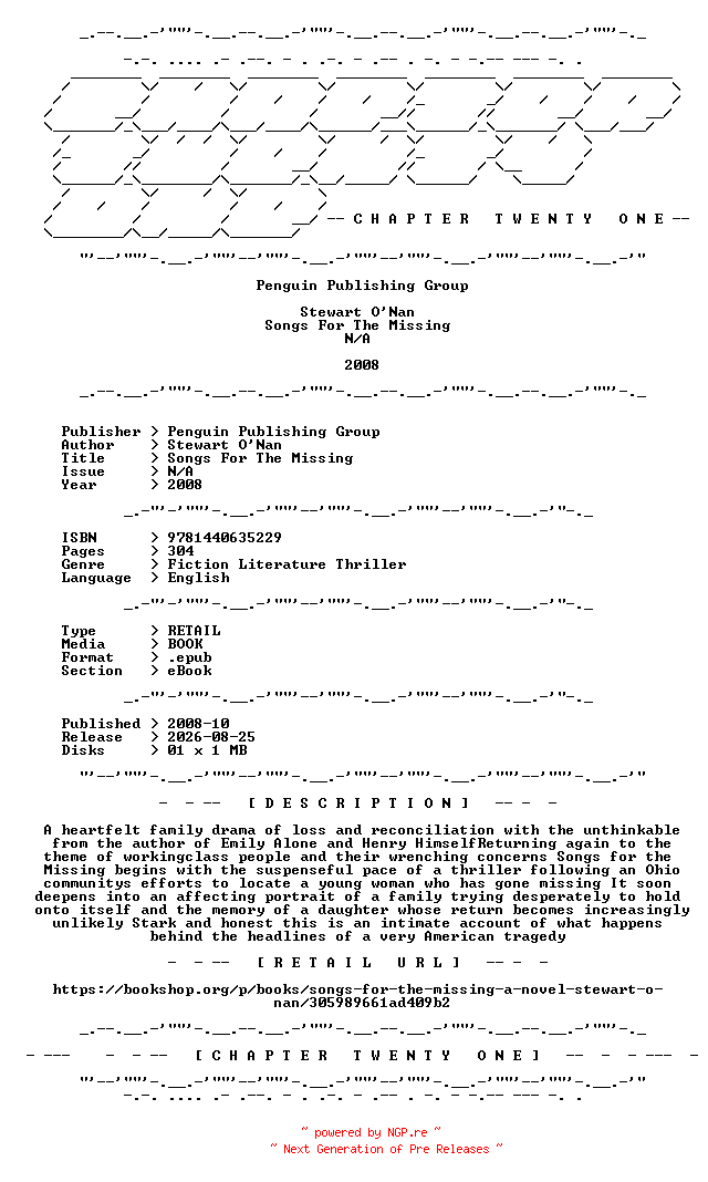 NFO for the release Stewart.ONan.-.Songs.For.The.Missing.2008.RETAIL.EPUB.eBook-CTO by CTO