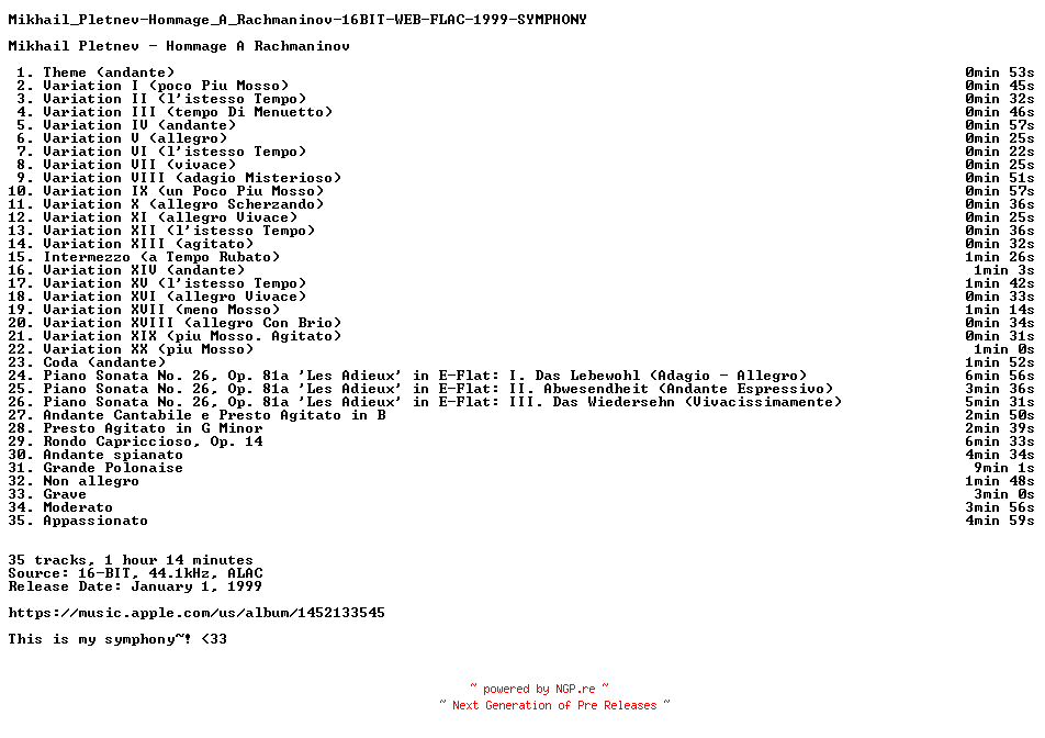 NFO for the release Mikhail_Pletnev-Hommage_A_Rachmaninov-16BIT-WEB-FLAC-1999-SYMPHONY by SYMPHONY