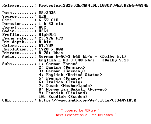NFO for the release Protector.2025.GERMAN.DL.1080P.WEB.H264-WAYNE by WAYNE