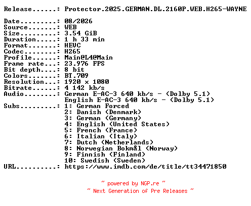 NFO for the release Protector.2025.GERMAN.DL.2160P.WEB.H265-WAYNE by WAYNE