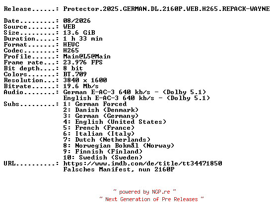 NFO for the release Protector.2025.GERMAN.DL.2160P.WEB.H265.REPACK-WAYNE by WAYNE