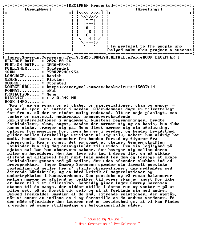 NFO for the release Inger.Smaerup.Soerensen.Fru.S.2026.DANiSH.RETAiL.ePub.eBOOK-DECiPHER by DECiPHER