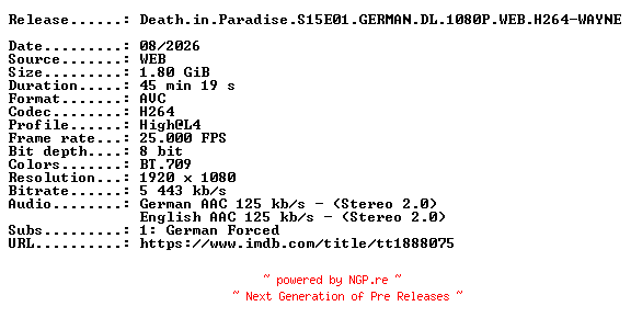 NFO for the release Death.in.Paradise.S15E01.GERMAN.DL.1080P.WEB.H264-WAYNE by WAYNE
