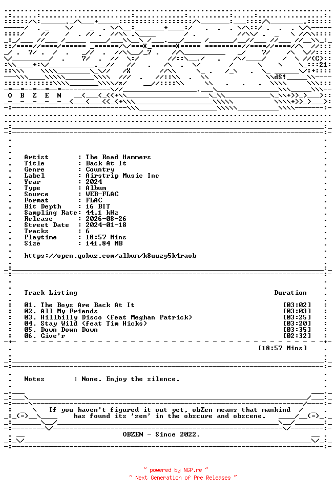 NFO for the release The_Road_Hammers-Back_At_It-16BIT-WEB-FLAC-2024-OBZEN by OBZEN