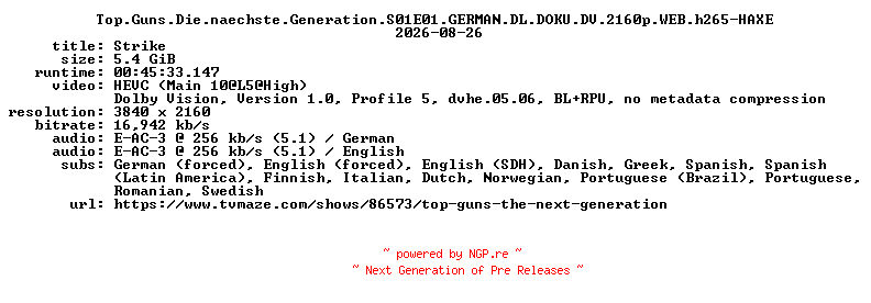 NFO for the release Top.Guns.Die.naechste.Generation.S01E01.GERMAN.DL.DOKU.DV.2160p.WEB.h265-HAXE by HAXE
