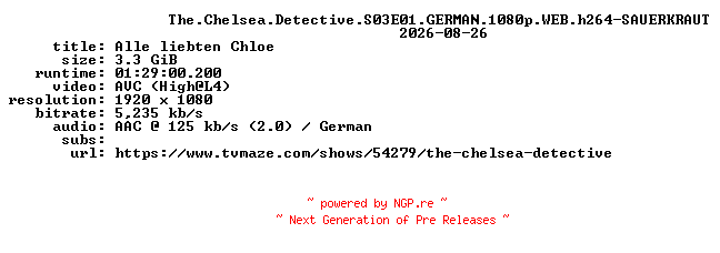 NFO for the release The.Chelsea.Detective.S03E01.GERMAN.1080p.WEB.h264-SAUERKRAUT by SAUERKRAUT