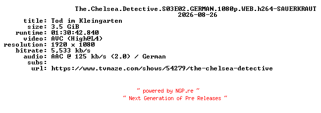 NFO for the release The.Chelsea.Detective.S03E02.GERMAN.1080p.WEB.h264-SAUERKRAUT by SAUERKRAUT