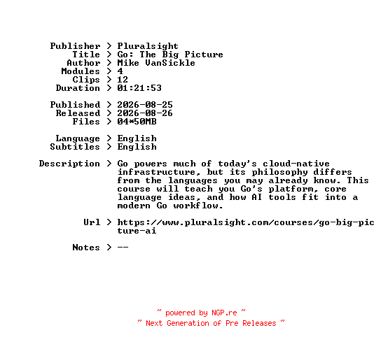 NFO for the release Pluralsight.Go.The.Big.Picture.2026.BOOKWARE-GETH by GETH