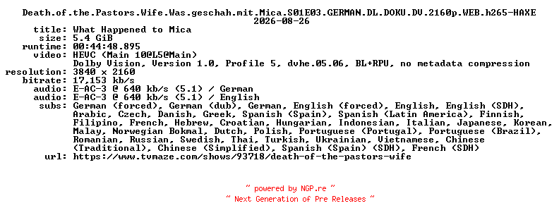 NFO for the release Death.of.the.Pastors.Wife.Was.geschah.mit.Mica.S01E03.GERMAN.DL.DOKU.DV.2160p.WEB.h265-HAXE by HAXE