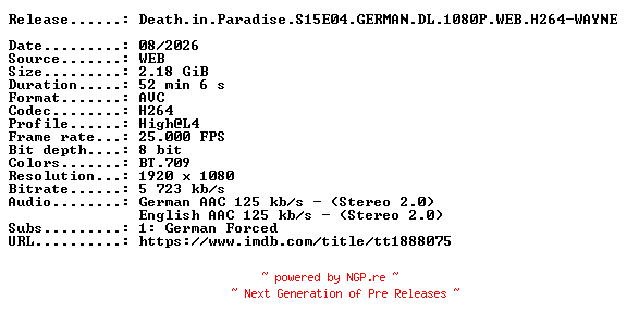 NFO for the release Death.in.Paradise.S15E04.GERMAN.DL.1080P.WEB.H264-WAYNE by WAYNE
