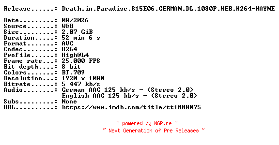 NFO for the release Death.in.Paradise.S15E06.GERMAN.DL.1080P.WEB.H264-WAYNE by WAYNE