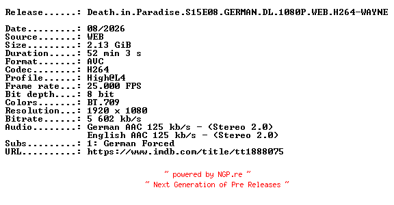 NFO for the release Death.in.Paradise.S15E08.GERMAN.DL.1080P.WEB.H264-WAYNE by WAYNE