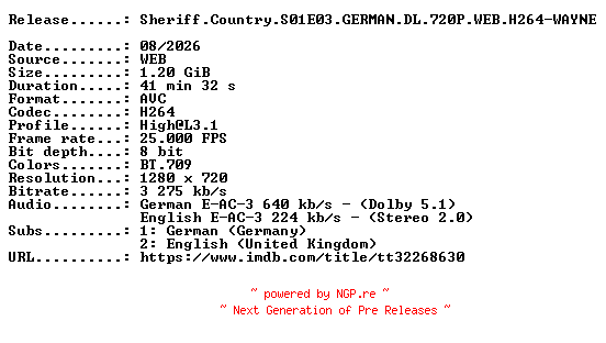 NFO for the release Sheriff.Country.S01E03.GERMAN.DL.720P.WEB.H264-WAYNE by WAYNE