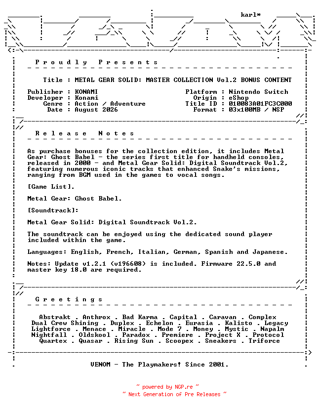 NFO for the release METAL_GEAR_SOLID_MASTER_COLLECTION_Vol2_BONUS_CONTENT_NSW-VENOM by VENOM