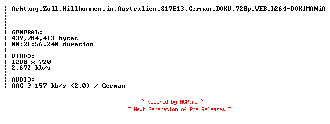 NFO for the release Achtung.Zoll.Willkommen.in.Australien.S17E13.German.DOKU.720p.WEB.h264-DOKUMANiA by DOKUMANiA
