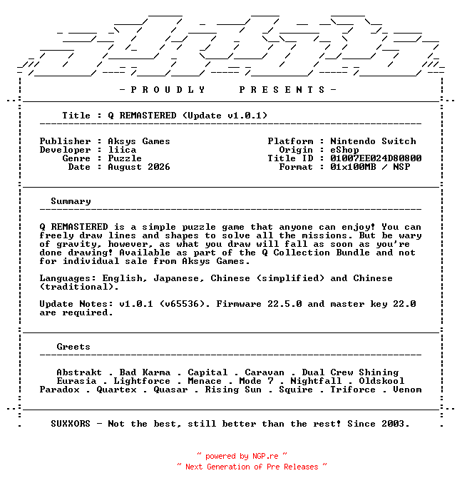 NFO for the release Q_REMASTERED_Update_v1.0.1_NSW-SUXXORS by SUXXORS