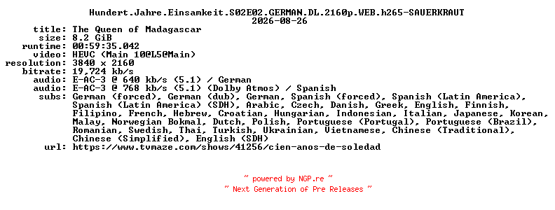 NFO for the release Hundert.Jahre.Einsamkeit.S02E02.GERMAN.DL.2160p.WEB.h265-SAUERKRAUT by SAUERKRAUT