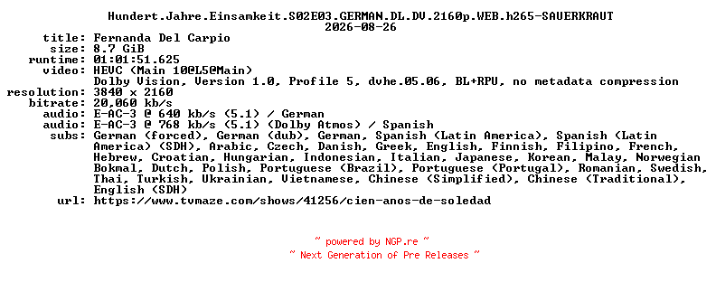 NFO for the release Hundert.Jahre.Einsamkeit.S02E03.GERMAN.DL.DV.2160p.WEB.h265-SAUERKRAUT by SAUERKRAUT
