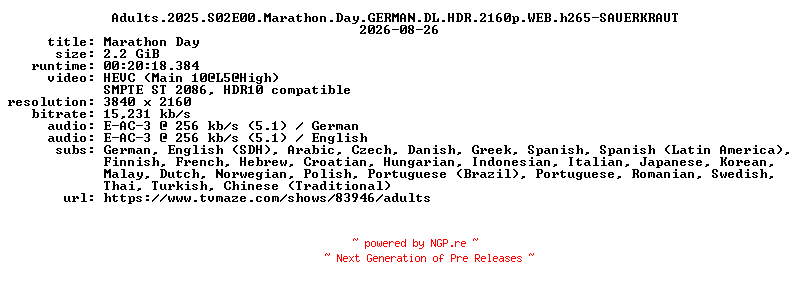NFO for the release Adults.2025.S02E00.Marathon.Day.GERMAN.DL.HDR.2160p.WEB.h265-SAUERKRAUT by SAUERKRAUT